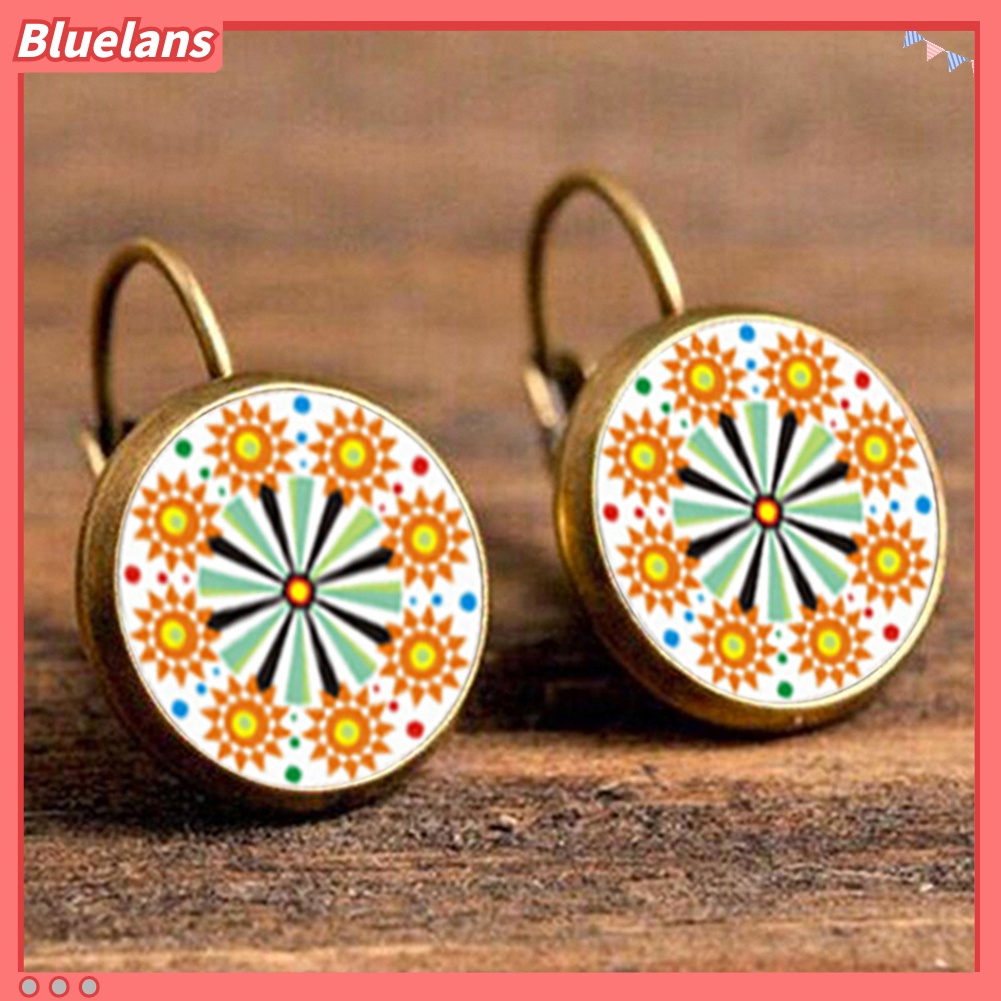 Bluelans Anting Klip Bentuk Bulat Motif Bunga Mandala Gaya Retro Untuk Wanita