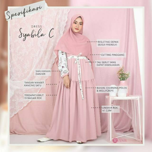 Syabila Dress C by Zizara - Gamis kombinasi Wollycrepe Charming - Gamis Motif daun Gamis Remaja Ori