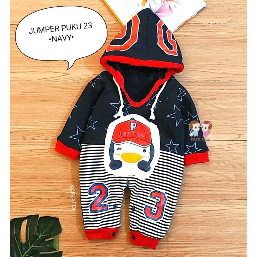 Jumper Bayi Laki-Laki Bodysuit Hoodie Allsize Usia 3- 9 Bulan Motif Puku 23 Tangan Panjang