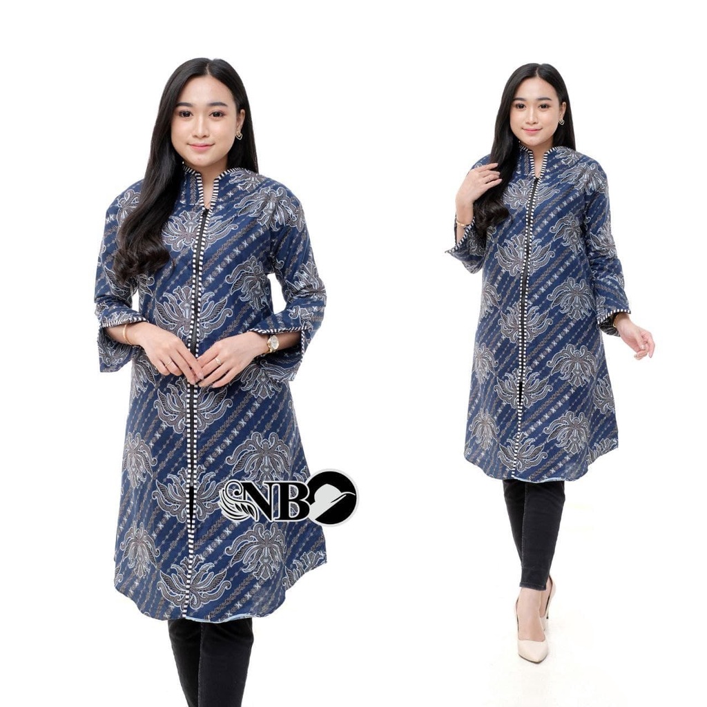 Atasan Batik Wanita Lengan Panjang BATIK BERKAH HRB026 motif KERATONAN Kode 002 size M L XL XXL Reguler-TUNIK TERATAI BIRU