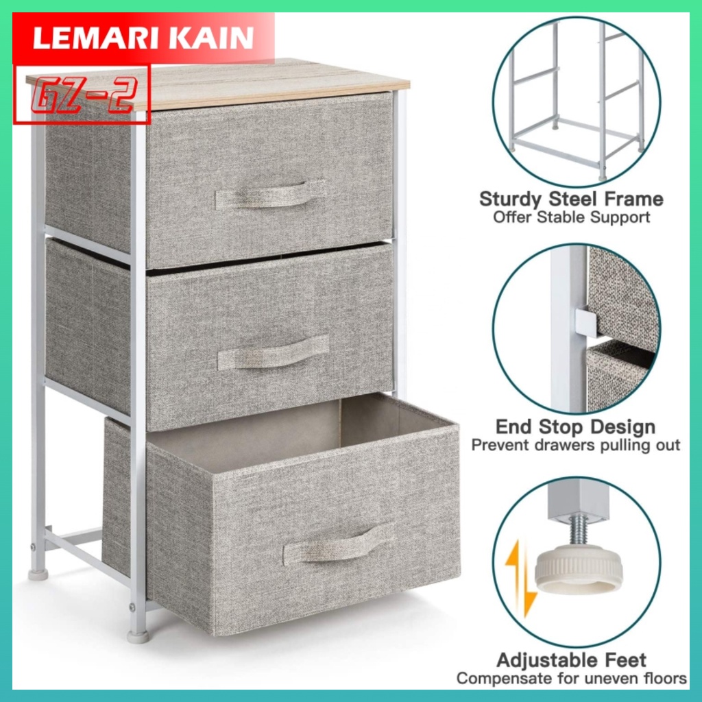 COD Lemari Portable 3 Laci Kain Linen Rak Lemari Penyimpanan Lemari Sisi Ranjang Lemari Premium GZ-2 Worldhome66