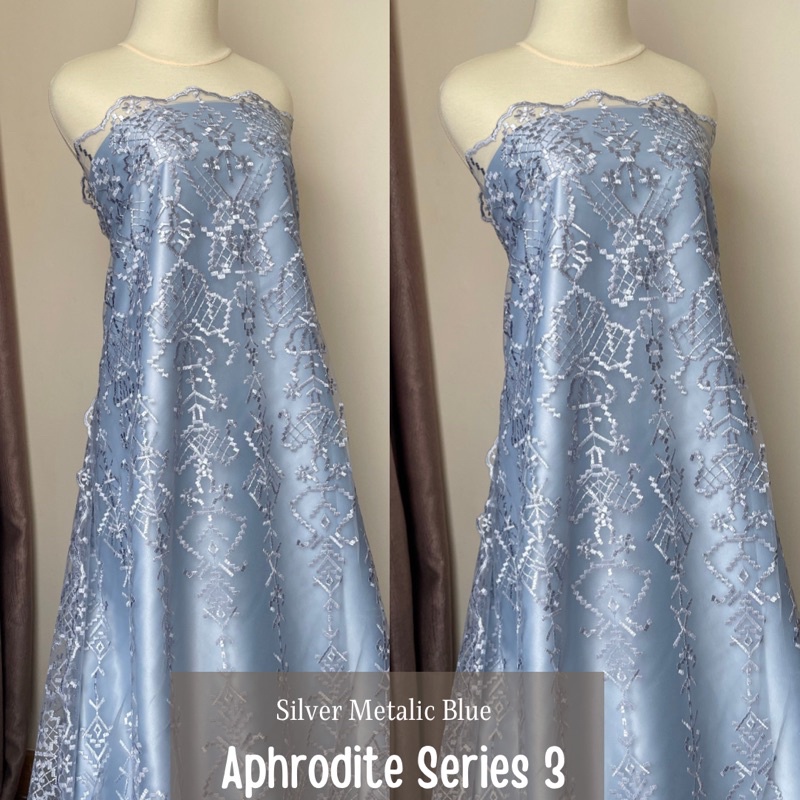 Kain Bahan Kebaya Tile Premium Etnik Bordir Aphrodite Series 3 Warna Silver Metalic Blue Design By S