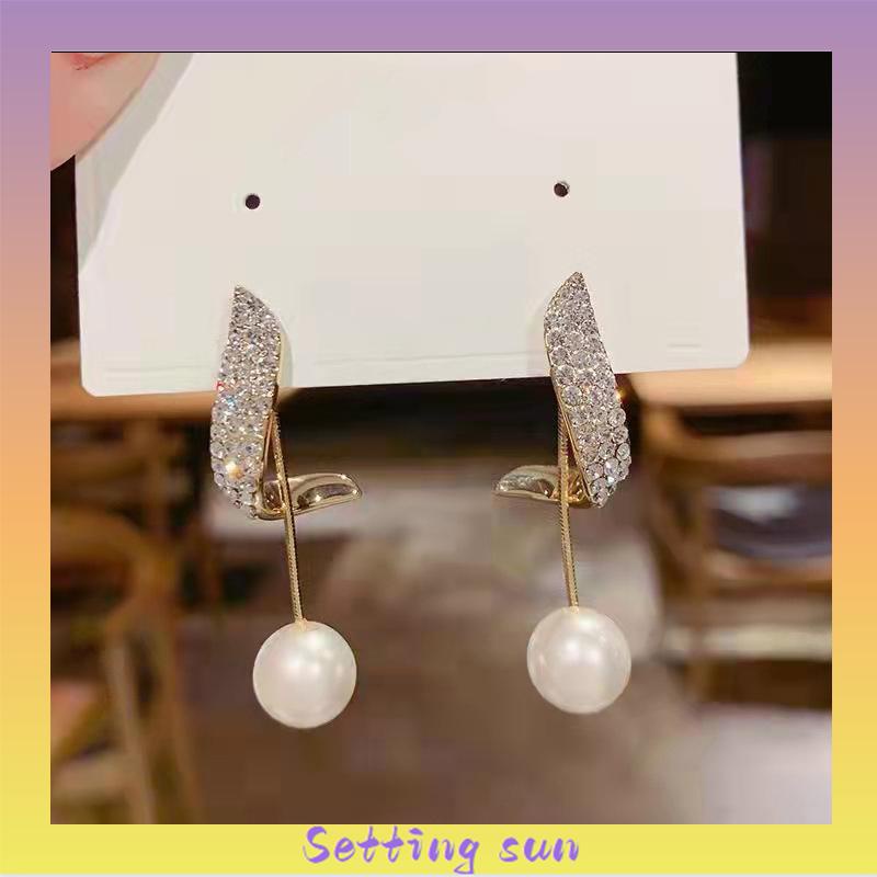 Elegan Berlian Mutiara Fashion Sederhana Temperamen Wanita Anting Rumbai Panjang TN