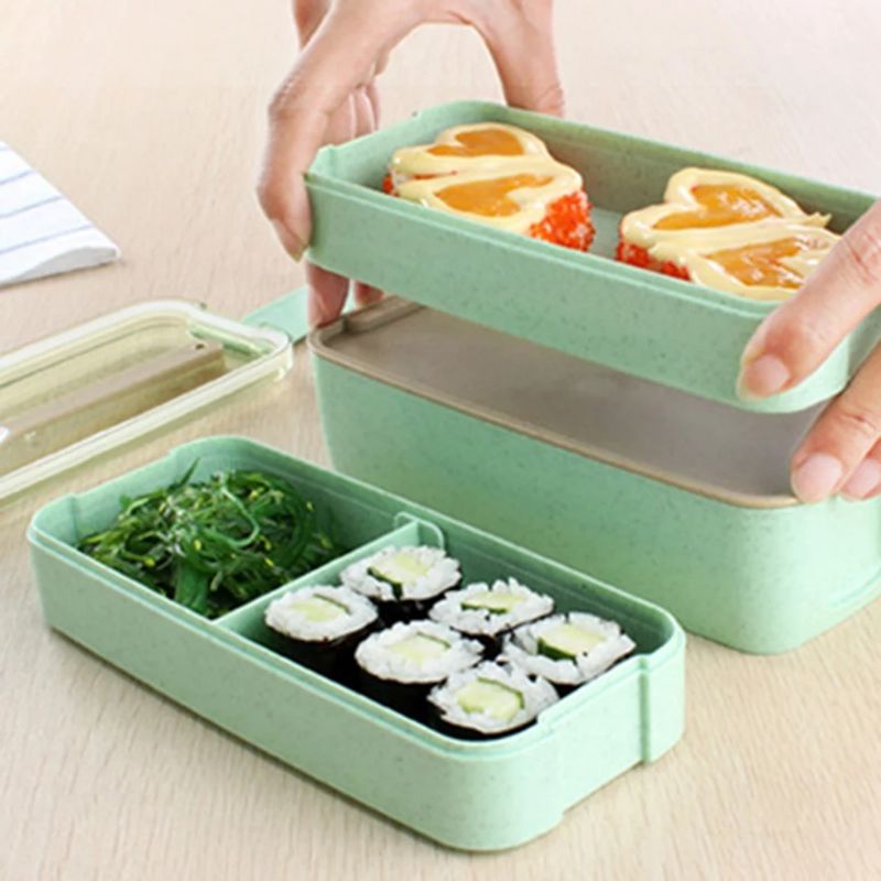 Kotak makan bento 3 susun bahan jerami Gandum/Lunch box 3 tingkat plus sendok