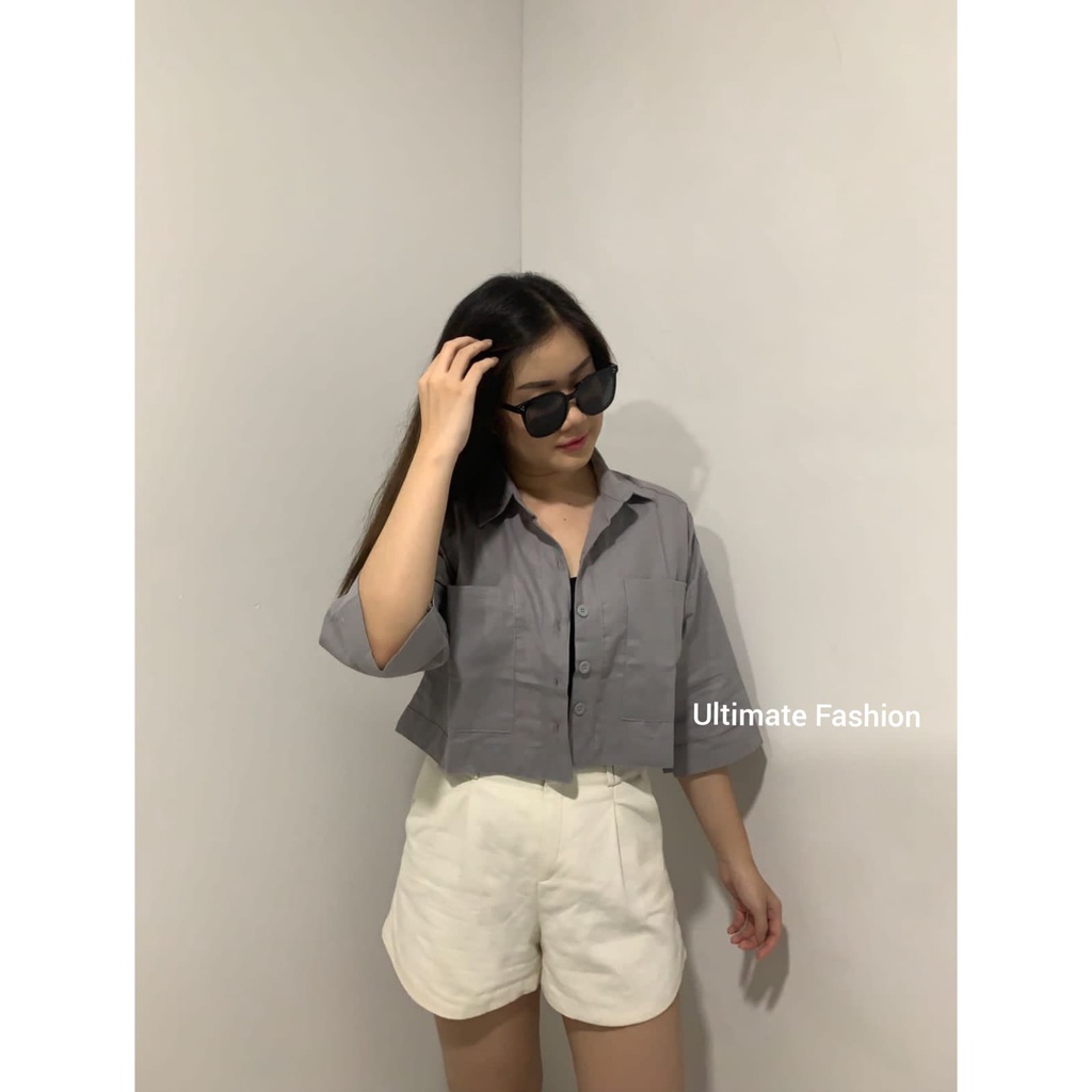 Atasan Kemeja Blouse Top Wanita Crop Linen  Premium Amanda Terbaru Kekinian