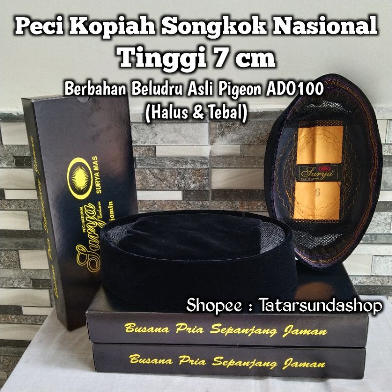 SURYA MAS PECI SONGKOK KOPIAH HITAM POLOS AC TINGGI 7CM BELUDRU ASLI PIGEON TEBAL HALUS ORIGINAL MOTIF MANIS BHS AWING MANIS