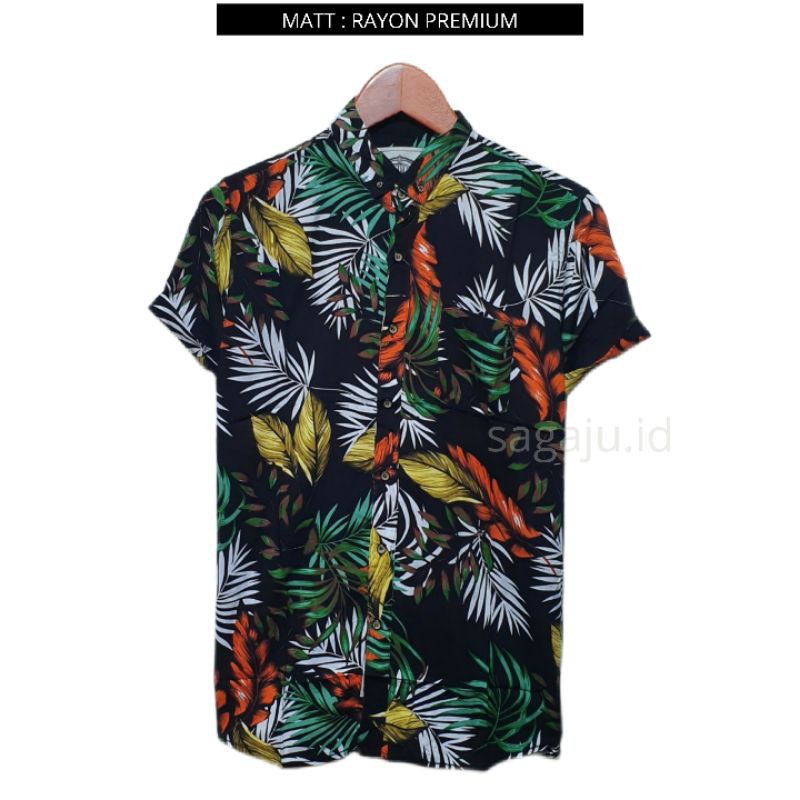 KEMEJA PANTAI CASUAL PRIA WANITA LENGAN PENDEK MOTIF DAUN#3