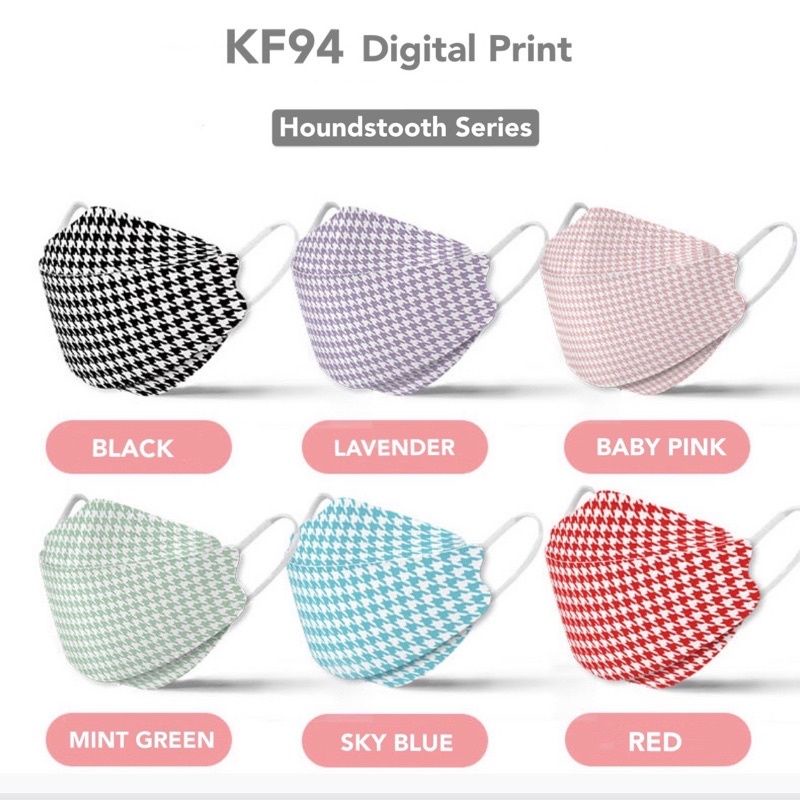 10PCS MASKER DEWASA KF94 MOTIF HOUNDSTOOTH PATTERN WARNA HITAM MERAH UNGU MUDA LILAC BABY PINK 4PLY 
