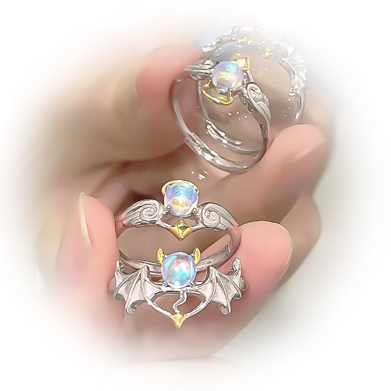 Cincin Desain Angel Devil Aksen Moonstone Biru Gaya Vintage Boho Untuk Wanita