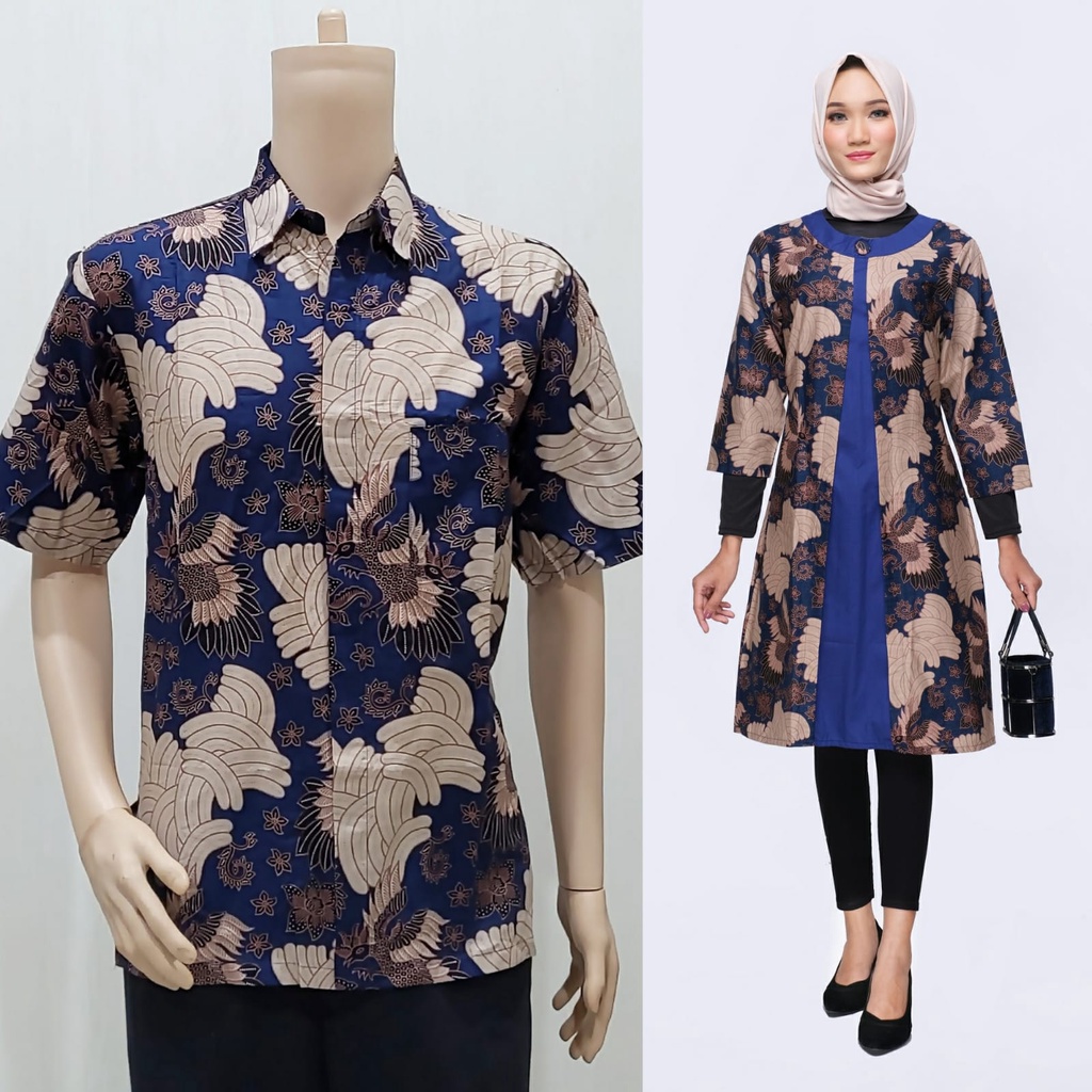 Set Couple Sarimbit Keluarga Lebaran Tunik Batik Muslim 2985 Biru