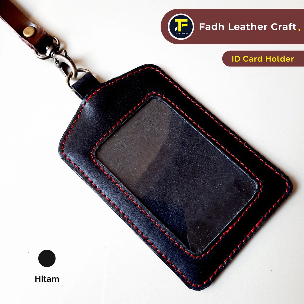 ID Card Holder Kulit Asli / Name Tag Kulit Lanyard Tali Kulit - Warna Hitam