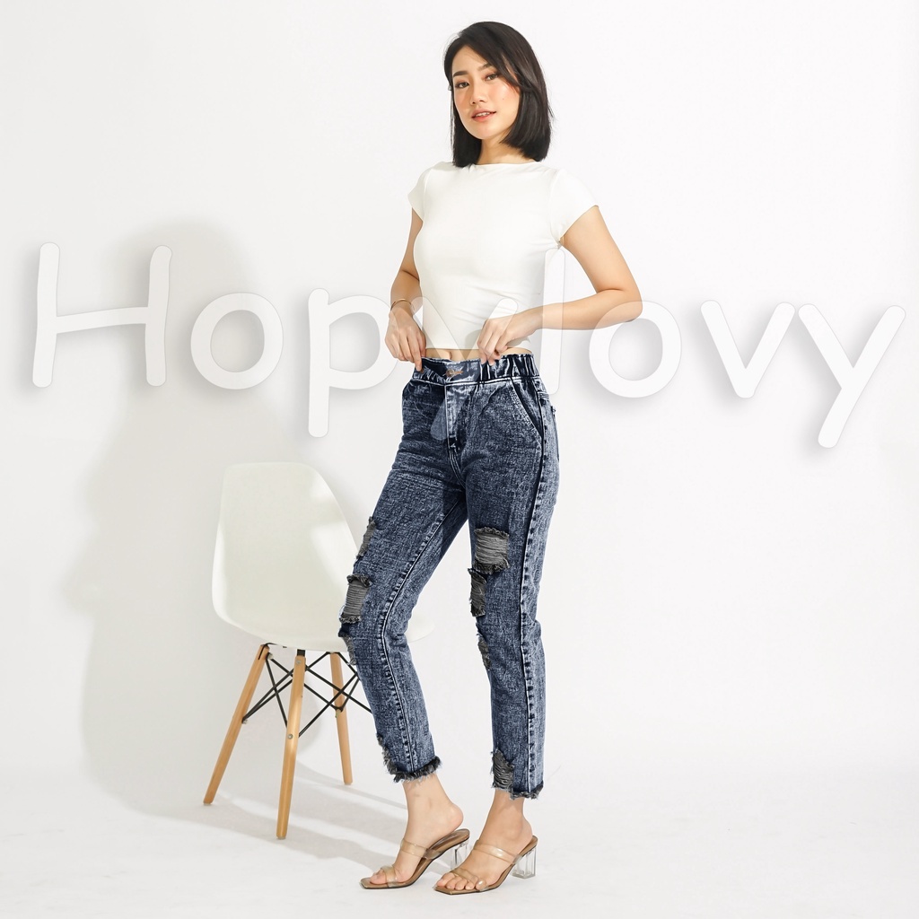 HOPYLOVY Celana Boyfriend Jeans Wanita Sobek Ripped High Waist HW Unfinished Rania