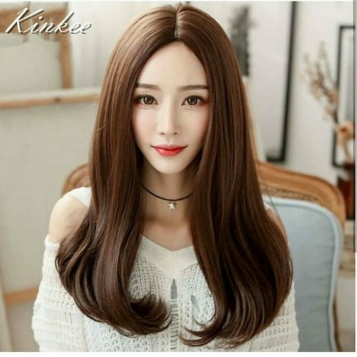 Wig Korea Belah Tengah Lurus Sedada Medium Wig Rambut Asli Wig Wanita