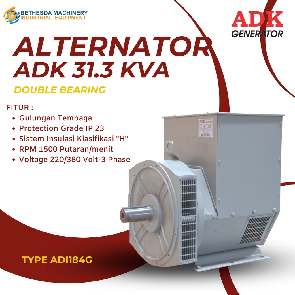 ADK GENERATOR dinamo genset 31.3 kVA (25 kw) - DOUBLE BEARING 30 kVA ADI184G