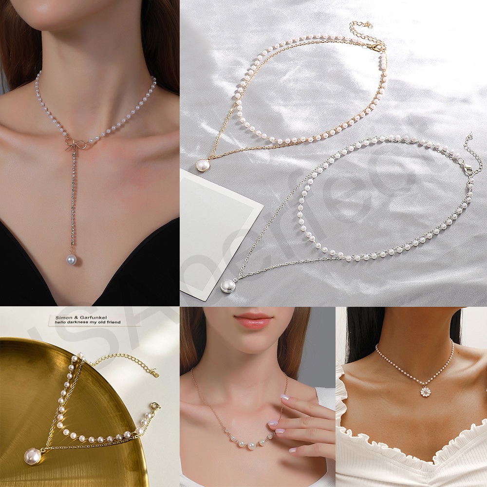 Fashion Retro Mutiara Logam Gaya Korea Kunci Kalung Multilayer Liontin Wanita Emas Rantai Kalung Perhiasan Aksesoris