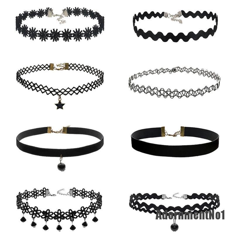 (Adornmentno1) 8pcs / set Kalung Choker Velvet Hitam Gaya Vintage Untuk Wanita