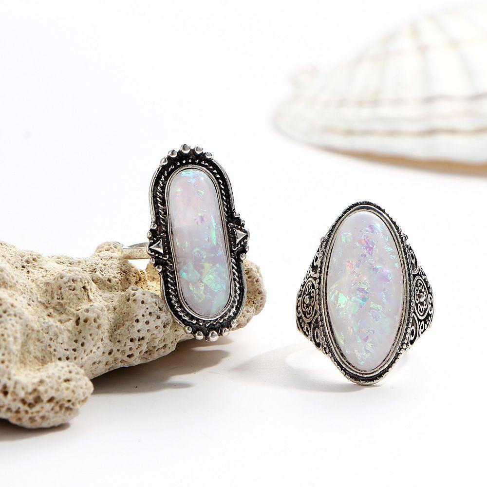 Top 8pcs/set Wanita set Cincin Fashion Baru Batu Opal Ukir Warna Perak Bohemian Perhiasan