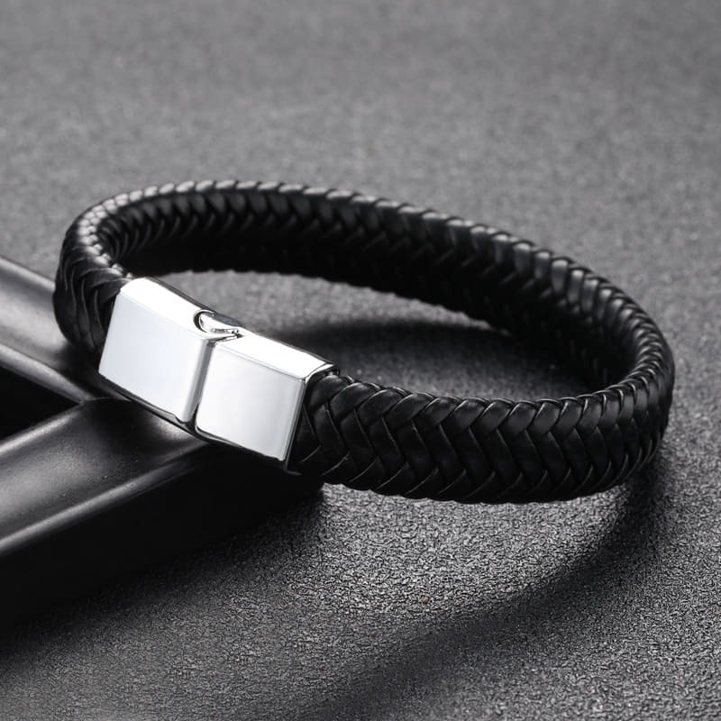 GELANG KULIT LEATHER BRACELET UNISEX FL1 BLACK SILVER