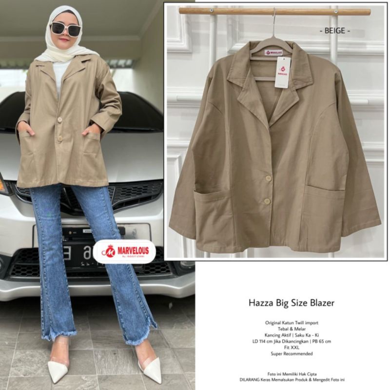 HAZZA BIG SIZE BLAZER BY MARVELOUS (BLAZER MUSLIMAH) Blazer katun twill premium