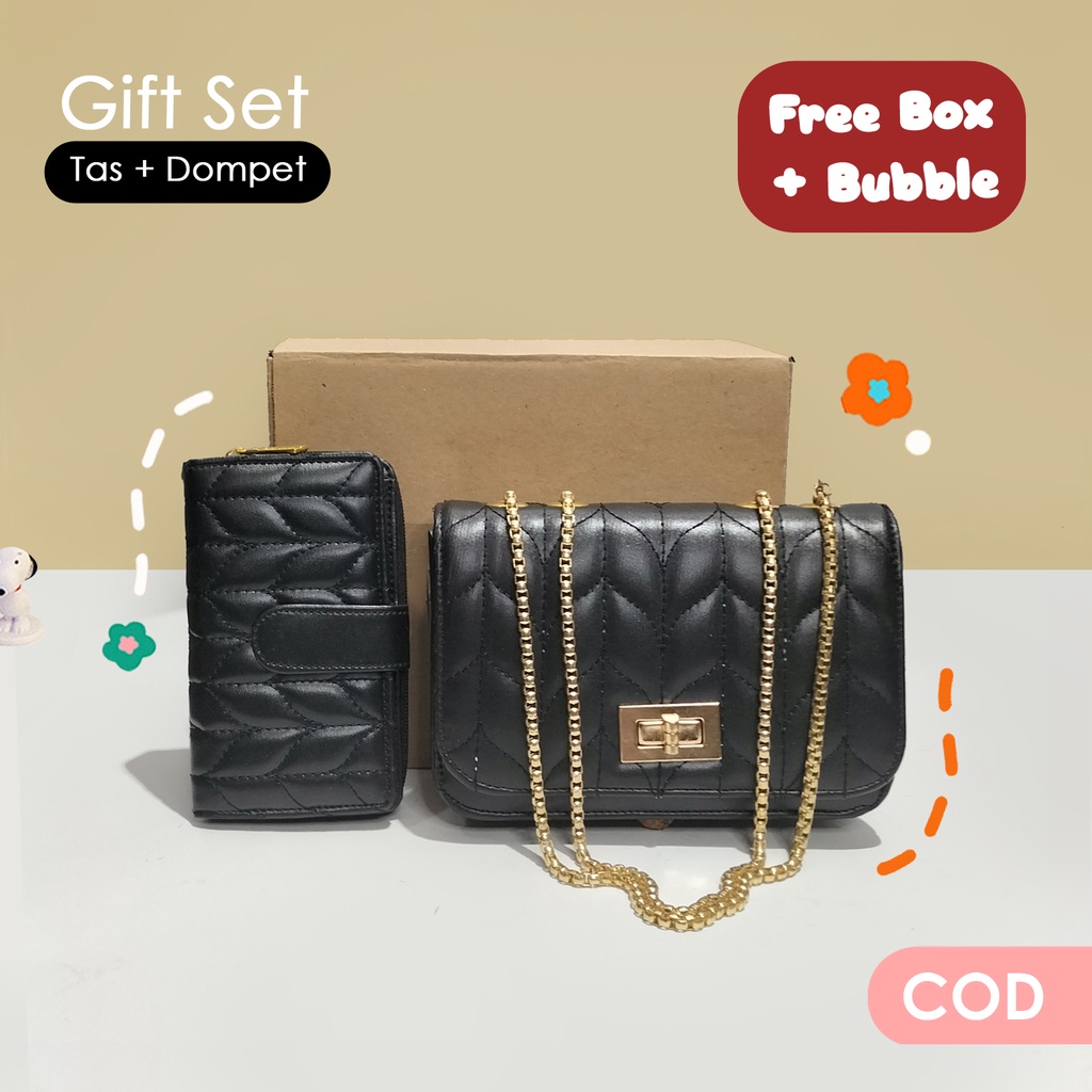 Paket tas wanita dan dompet murah paket sling bag dan wallet cewek tempat hp dan uang polos kulit sintetis