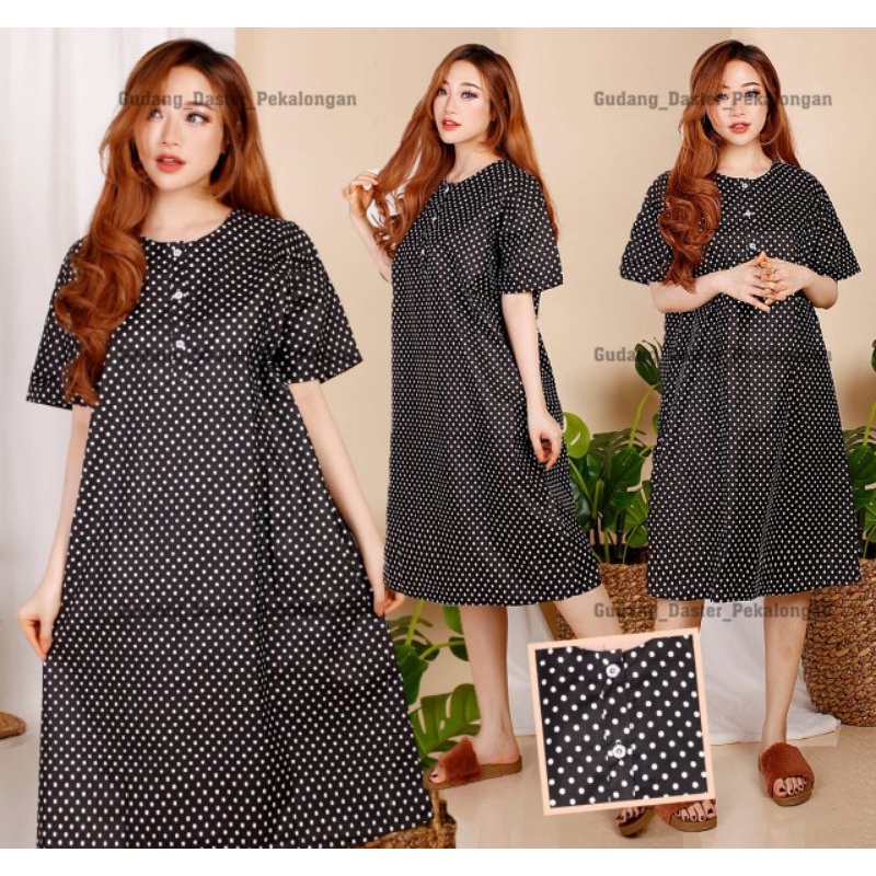 DASTER JUMBO LD 120 KATUN KARAKTER KANCING DEPAN BUSUI BUMIL LENGAN PENDEK GUDANG_DASTER_PEKALONGAN-JB POLKA HITAM