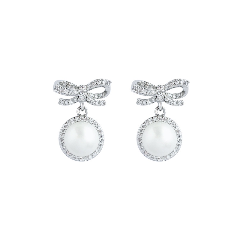 Anting Tusuk Gantung Temperament Desain Pita Hias Mutiara + Berlian Gaya Simple Untuk Wanita