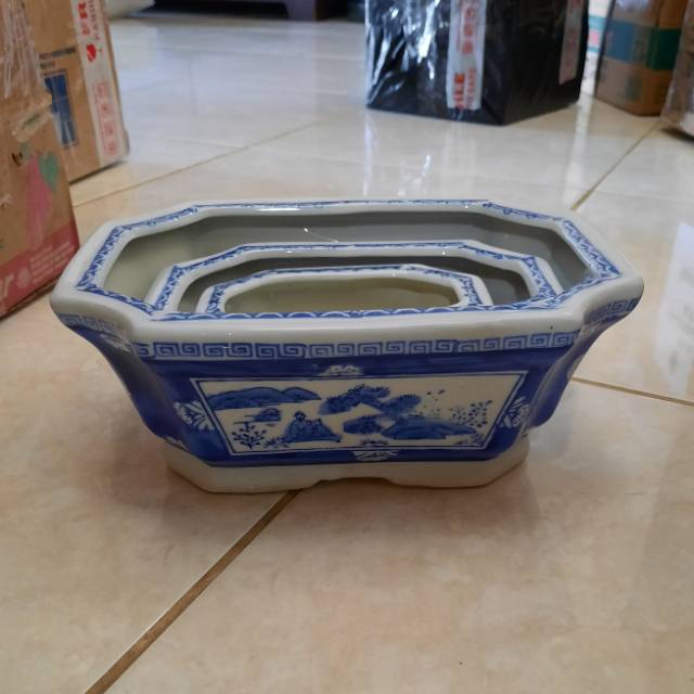 Pot tanaman keramik model persegi panjang set isi 3, besar, kecil, sedang