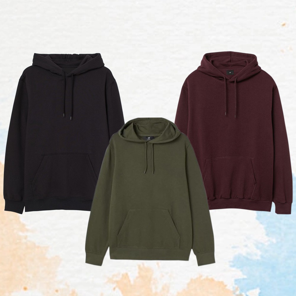 Hoodie Jaket Polos Pria Wanita Oversize H&amp;M Basic Hitam / Black / Maroon / Green Army Full Tag