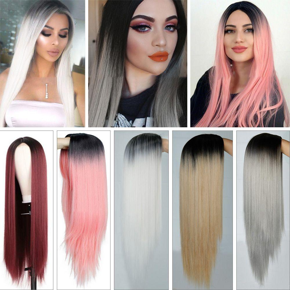 Lily Wig Wanita Fashion Middle Score Rambut Tebal Tombol Subnet Wig Penuh