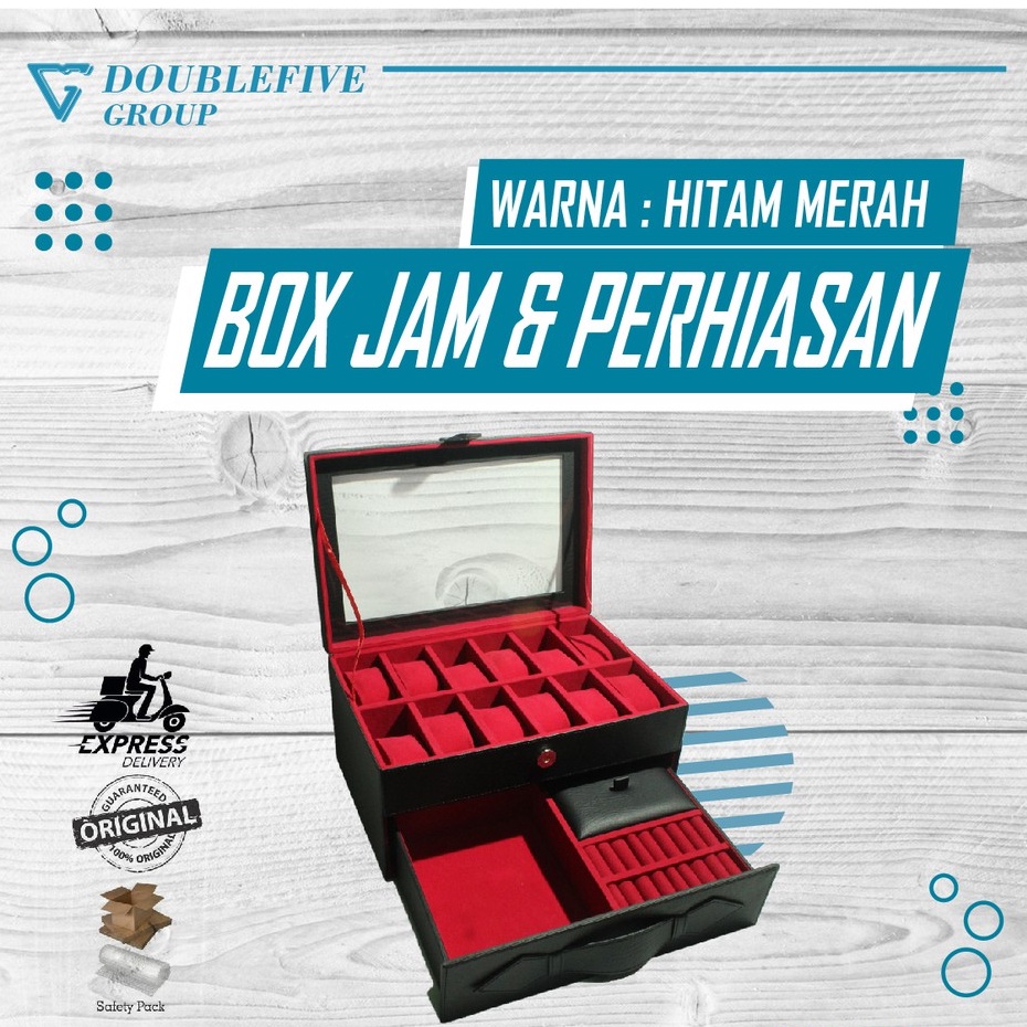 PROMO - Kotak Tempat Jam Tangan Isi 12 Mix Laci Perhiasan / Watch Box Organizer Hitam Merah