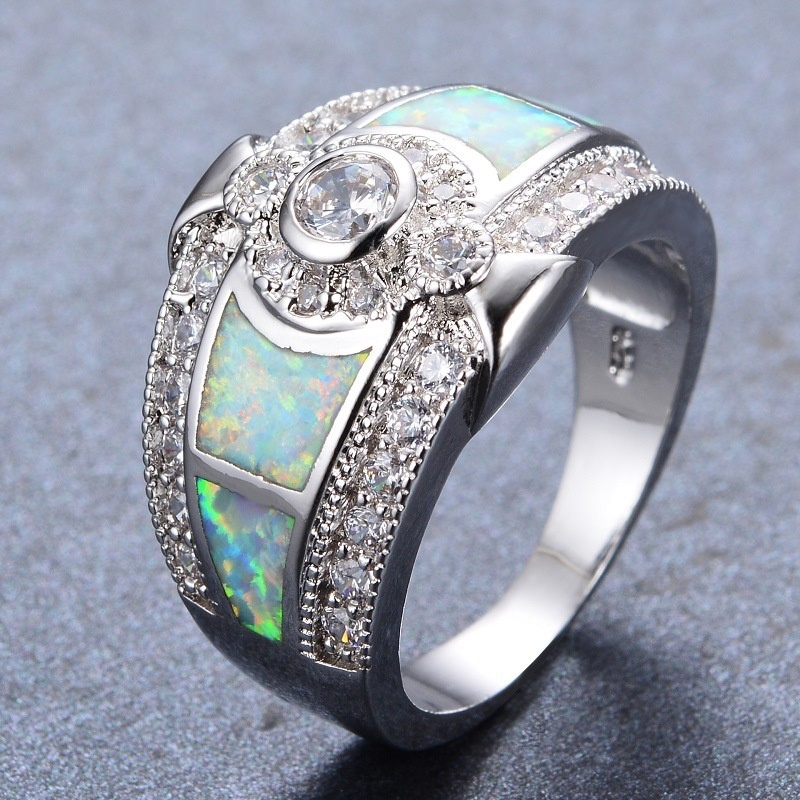 European and American fashion diamond white geometric opal ring