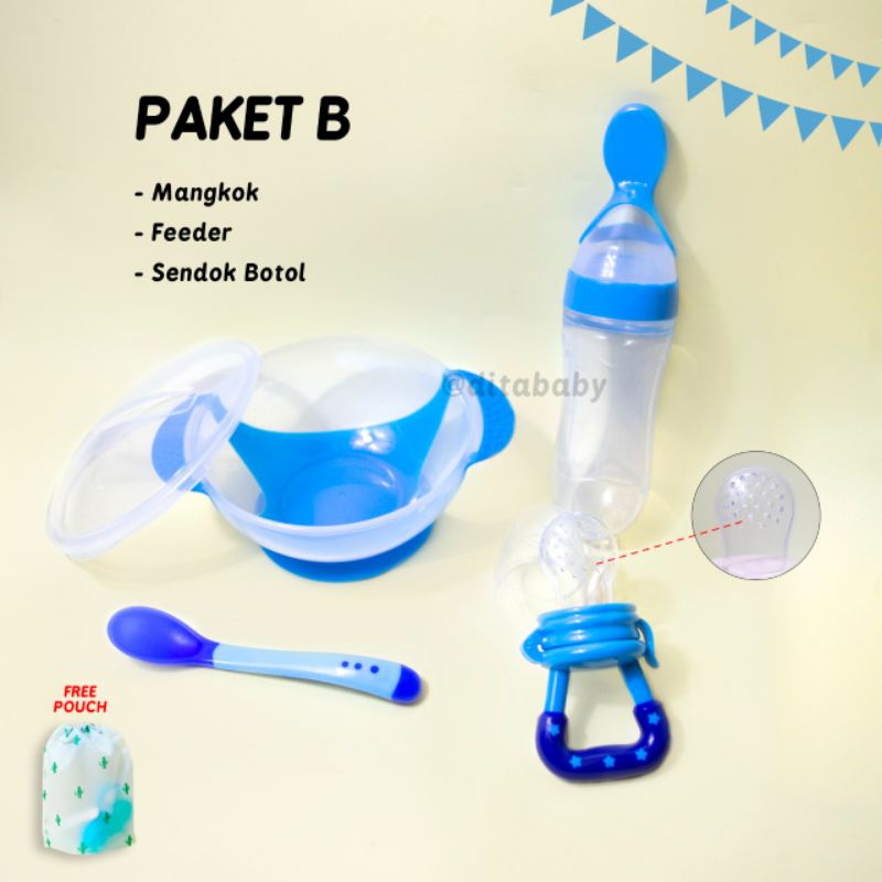 Paket B Peralatan makan Mpasi Bayi Mangkok sendok Baby feeder buah sendok botol Paket MPASI 4 in 1 feeding set baby paket hemat alat makan perlengkapan makan bayi baby food feeder ALAT MPASI BAYI PAKET HEMAT MPASI MANGKOK BOTOL SENDOK MPASI PERLENGKAPAN