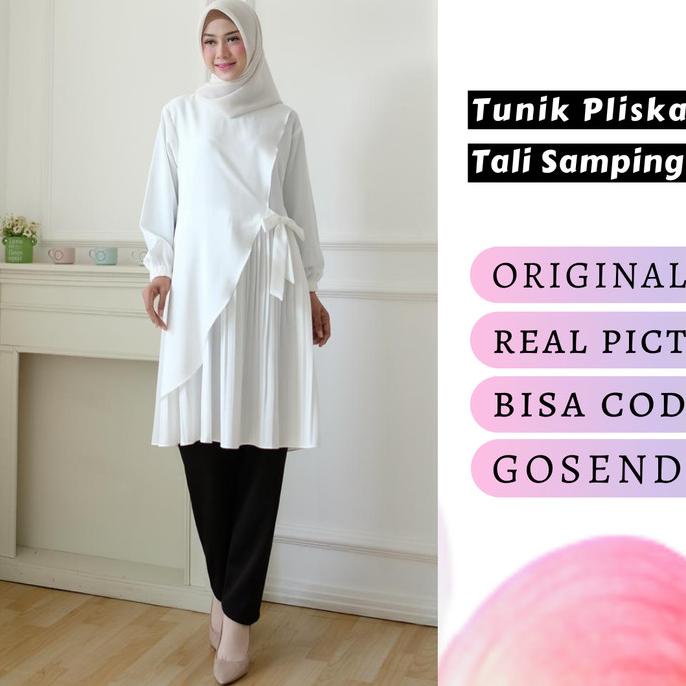 BAJU ATASAN PUTIH POLOS TUNIK PANJANG PLISKET BAWAH PLISKA M1204