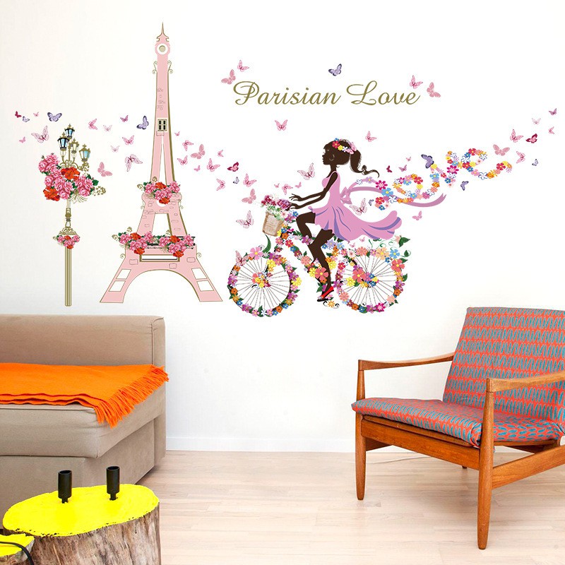 RELIZA Wall Sticker / Stiker Dinding 60X90 FLOWERS GIRL PARIS Eiffel TOWER PINK SK9006