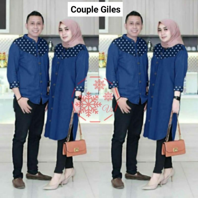 Baju Couple Pasangan Suami Istri Tunik Wanita Kemeja Pria Lengan Panjang Terbaru 2022 Untuk Lebaran/