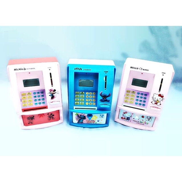 Celengan ATM Mini Kartu Mesin Uang Mainan Hello Kitty Lilo Stitch Minnie Mouse Biru Pink