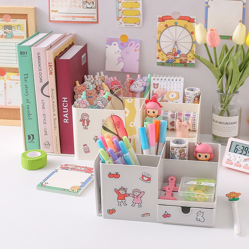 [littlecrab] Tempat Pena With Additional Rak Buku Aesthetic Room Desk Organizer Dengan Laci 5 Sekat Tempat Penyimpanan Pena Buku Stationary Kit Lengkap Adjustable