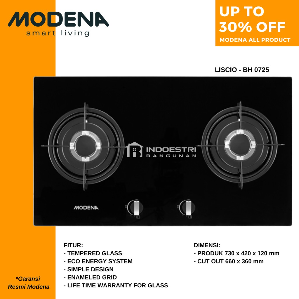 Kompor Tanam Modena 2 Tungku BH 0725 / Modena BH 0725 (70 cm)