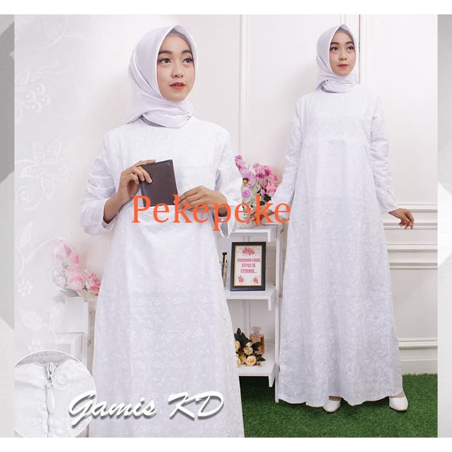 Baju Gamis Ihrom Wanita Kantong Depan Doraemon Bahan Katun Bordir Putih, Gamis Haji Umroh KD Katun P