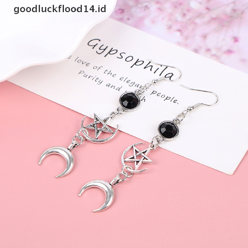 [OOID] Black Birthstone Earrings and Pentagram Witch Moon Earrings Gothic Celestial ID