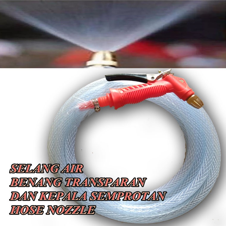 SELANG AIR TRANSPARAN 1/2 INCH 10 METER PLUS KEPALA SEMPROTAN HOSE NOZZLE 1 PCS