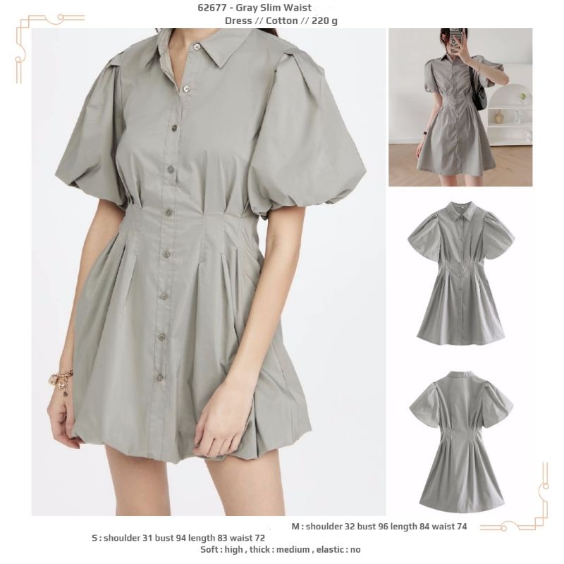 Dress berkerah polos abu lucu lengan pendek balon