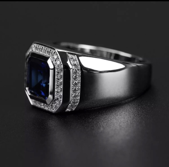 Cincin Pria Perak Elegan Minimalis Blue Saphire Batu Safir Biru