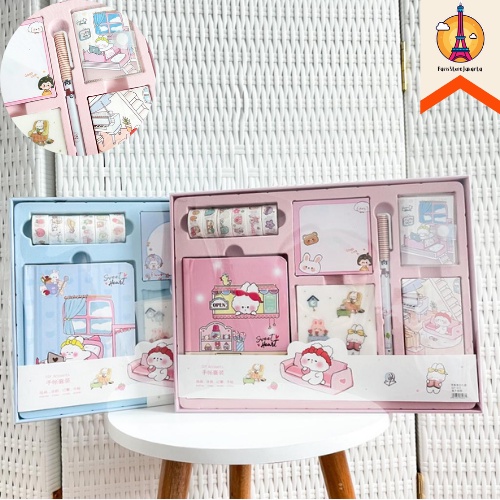 

Paket Jurnal 7 in 1 Karakter Kelinci Bunny Pink Biru Free Box Include Solatip Buku Mini Kertas Bintang Sticky Notes Sticker Sheet Pulpen Fancy Stuff Best Gift Present For Birthday Event Souvenir Alat Tulis Kantor Sekolah Grosir Kado Ulang Tahun READY COD