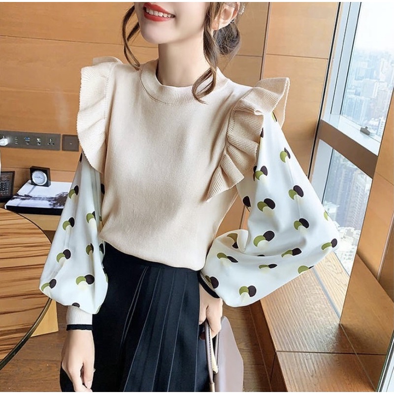 Dotted Puffed Long Sleeves Maroon Knit Top / Atasan Sweater Rajut Baju Import Wanita dengan Motif Bulat Best Seller