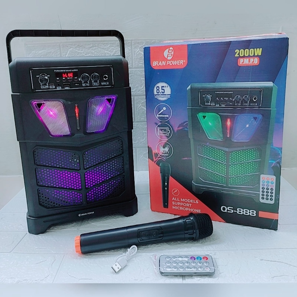 SPEAKER WIRELESS BLUETOOTH BT BRAIN POWER 8 INCH QS 888 + MIC + REMOTE CONTROL