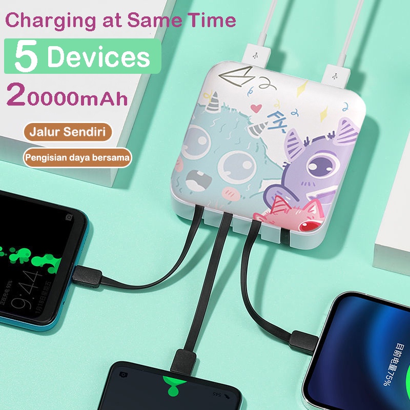 Powerbank Mini 20000mah Built in Cable 5in1 Fast Charging Kartun External Battery 2.1A Power bank for IPhone Lightning Type c Micro Samsung Xiaomi Huawei with LED Light