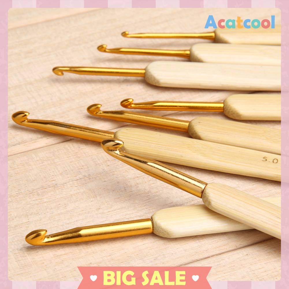 8pcs 8 sizes Bamboo handle Golden Aluminum Crochet Hooks Needles 2.5mm-6mm