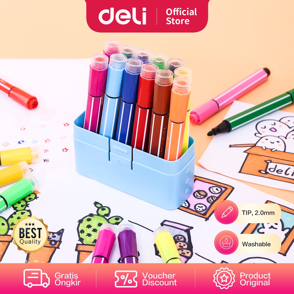 

Deli Spidol 12 Warna Tinta tidak berbau dan tidak beracun Warna Cerah dengan Stampel 70652