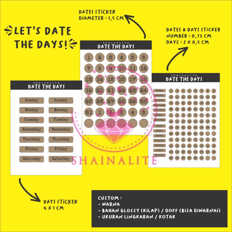 

shainalite date the days sticker set stiker glossy hari tanggal bullet journal